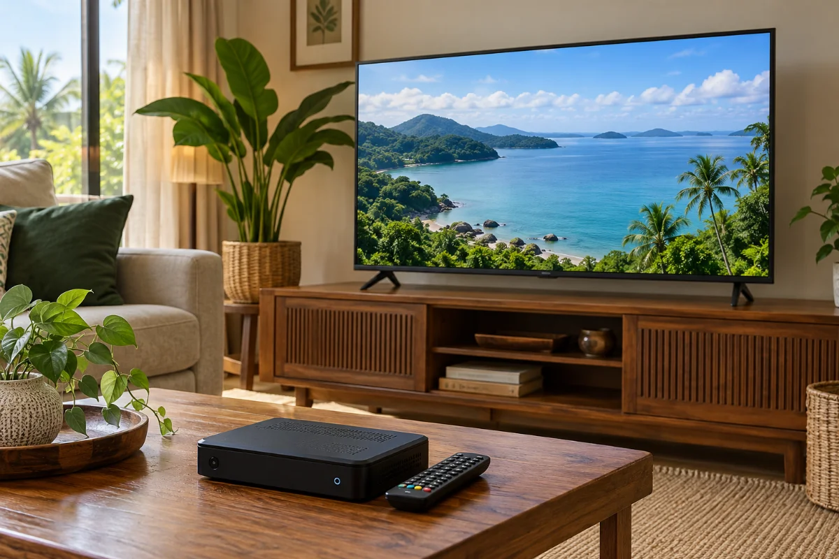 Visual janaan AI ruang tamu dengan televisyen dan dekoder generik, bukan model NJOI tertentu