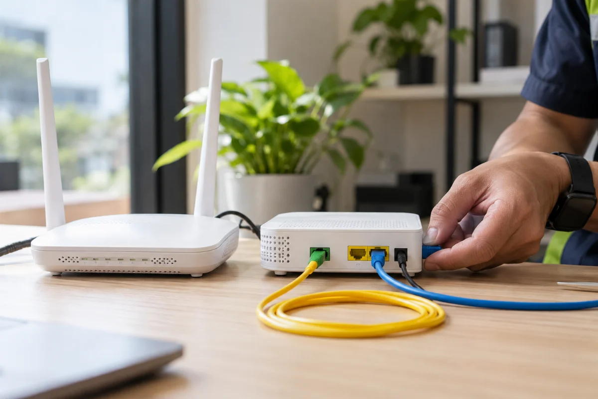 Gambar janaan AI pemasangan router dan sambungan internet gentian