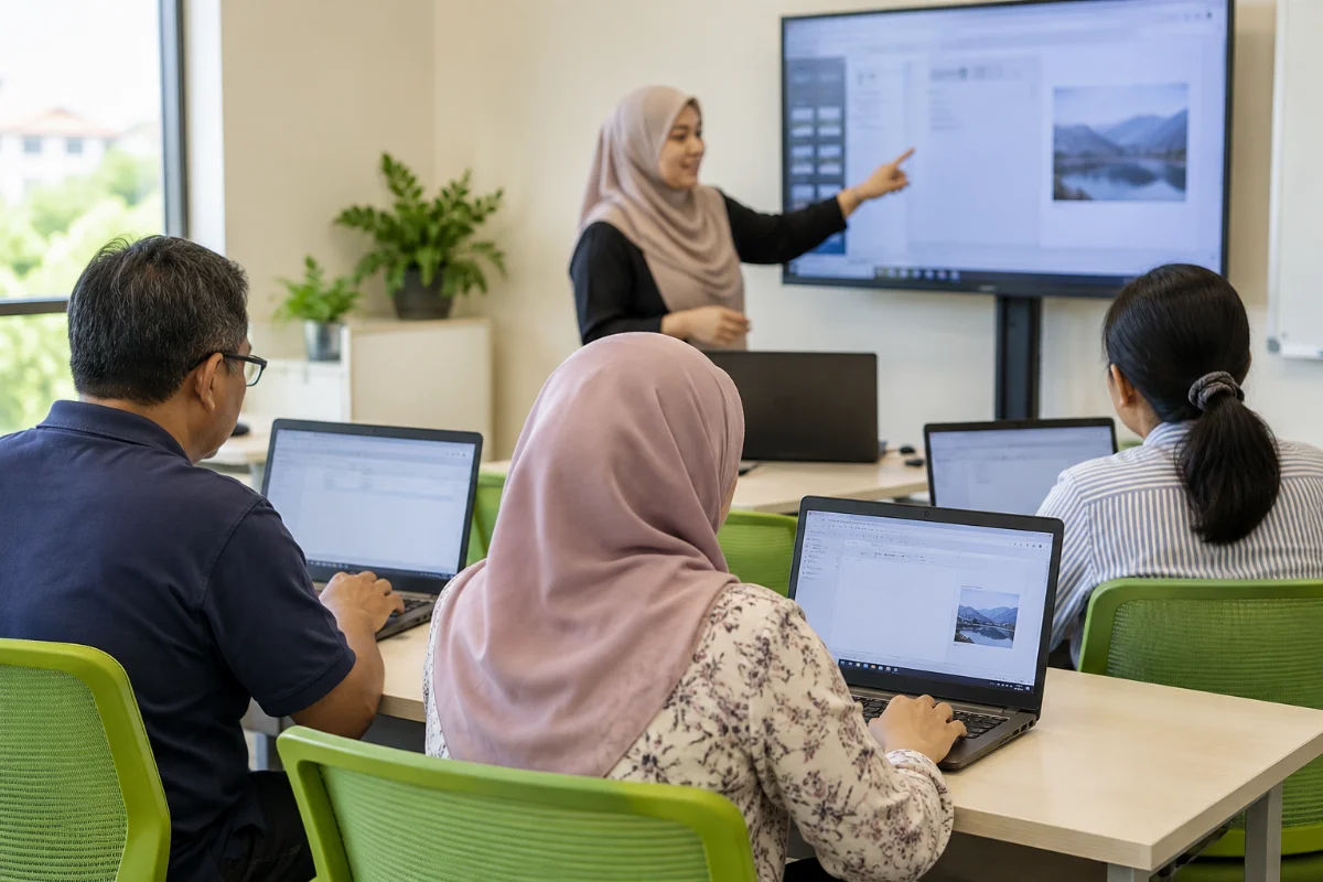 Gambar janaan AI sesi latihan komputer bersama pengajar